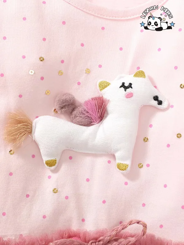 LEZONKIDS - New Arrival Cute American Unicorn Short Dress Accessories Custom Baby Dolls Dress